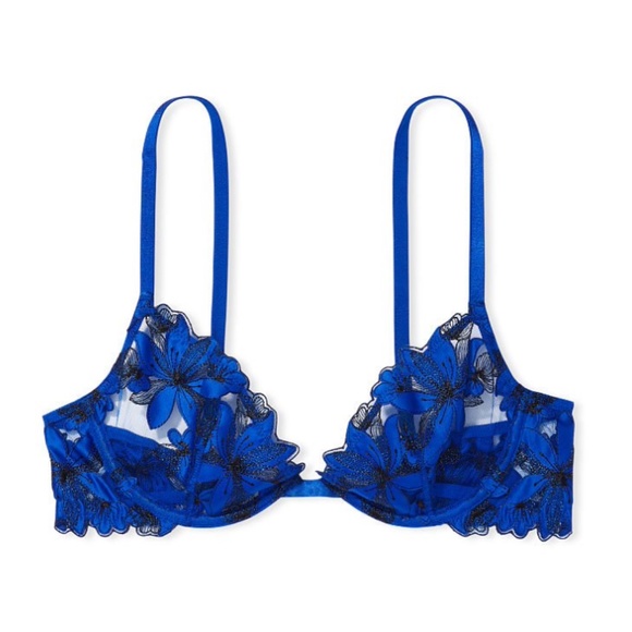 NWOT VERY SEXY Unlined Floral Embroidery Demi Bra in Blue Oar/cobalt & black 36D - Picture 4 of 14